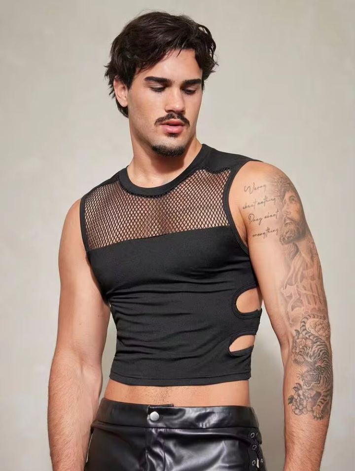 Men's Black Mesh Cut-Out Sleeveless Crop Tank Top – Slim Fit Fashion Party Vest